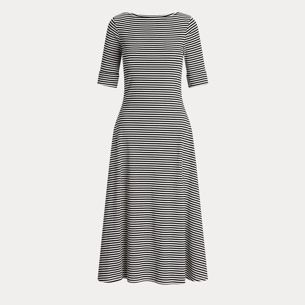 Ralph Lauren Striped Stretch Cotton Midi Dress Black White Small S